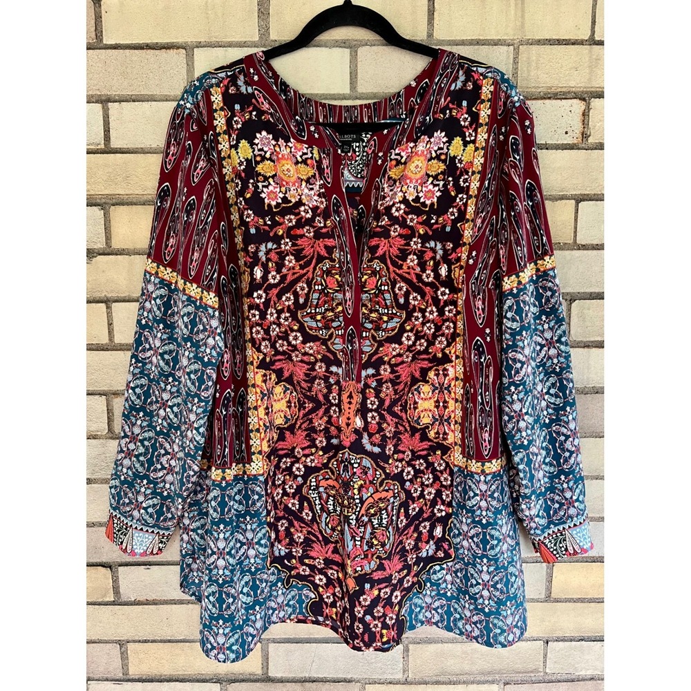 Talbots Petites Blouse Multicolor Paisley Floral Patchwork Print Top Size 2XP